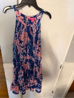 Lilly Pulitzer Pamelyn halter dress Blue and Pink Coral-Print Tiered